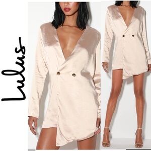 Sleek Surprise Champagne Satin Double Breasted Blazer Dress S
